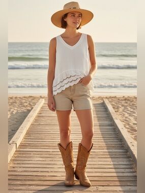 Cottagecore Coastal 100% Linen Italian Made Sleeveless Top with Eyelet Trim